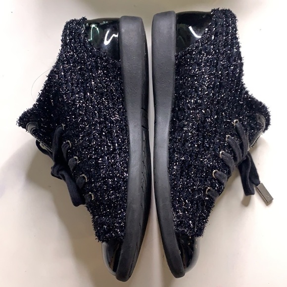 CHANEL CC BLACK METALLIC Shimmer tweed lace-up sneakers women’s size 37 shoes - Picture 8 of 14